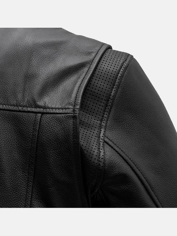 Rocky Mens Black Motorcycle Leather Jacket Shoulder Close Up