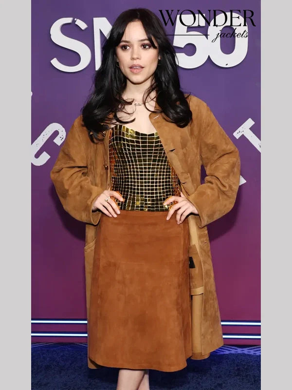 SNL 50 Homecoming Concert Jenna Ortega Brown Coat