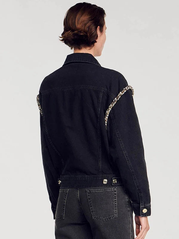 Sandro Black Denim Jacket with Rhinestones