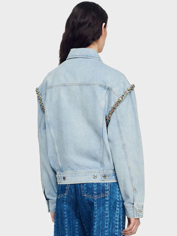 Sandro Denim Jacket with Rhinestones Blue