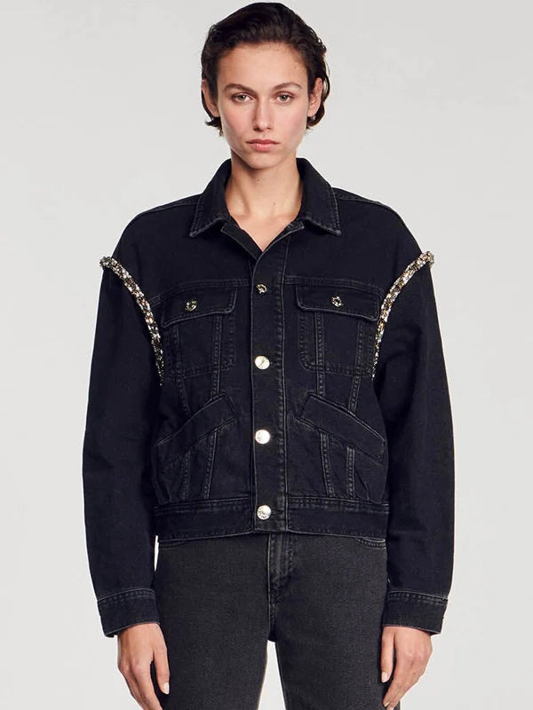 Sandro Denim Jacket with Rhinestones