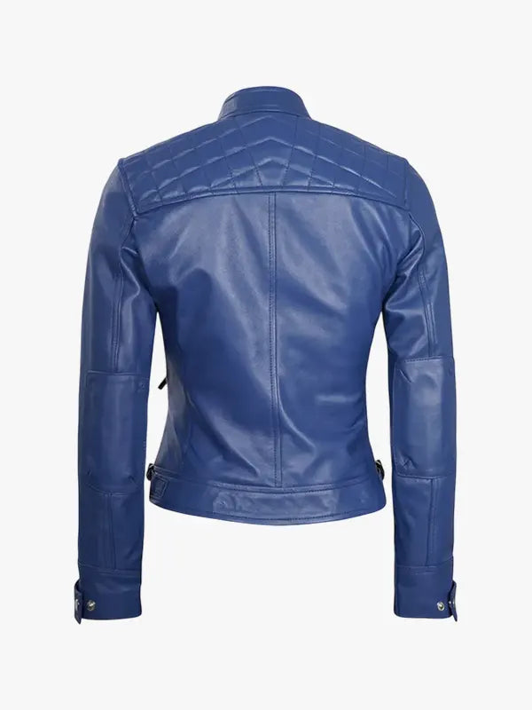 Saoirse Ladies Jacket Blue Cafe Racer Leather With Snap-Tab Collar
