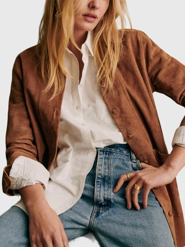 Sezane Suede Leather Jacket Brown