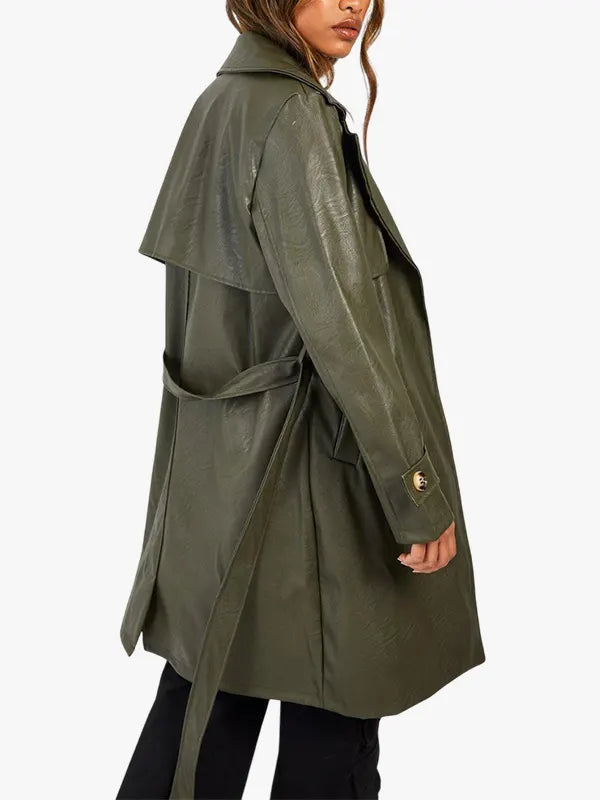 Short Faux Leather Trench Khaki Coat 