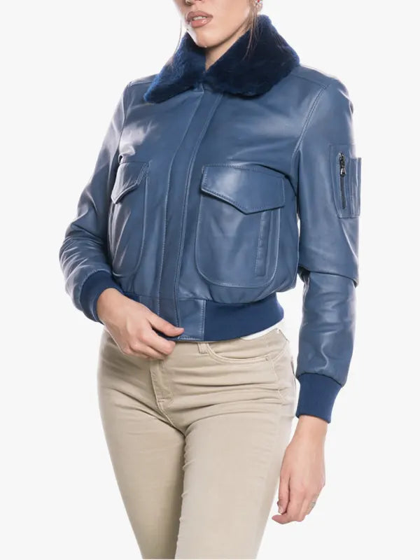 Slim Fit Blue Flight Jacket for Women

