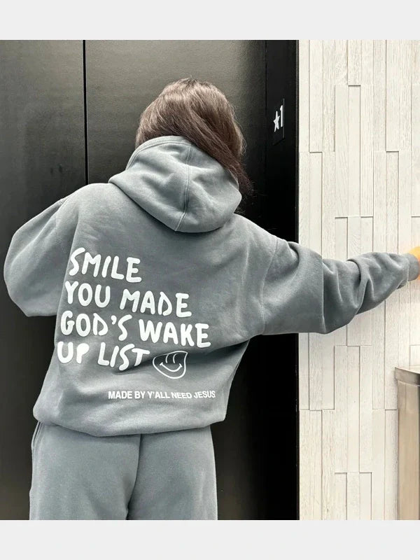 Smile You Made Gods Wake Up List Oversized Grey Hoodie