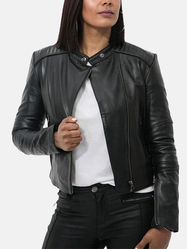 Snap Tab Collar Black Leather Jacket Womens