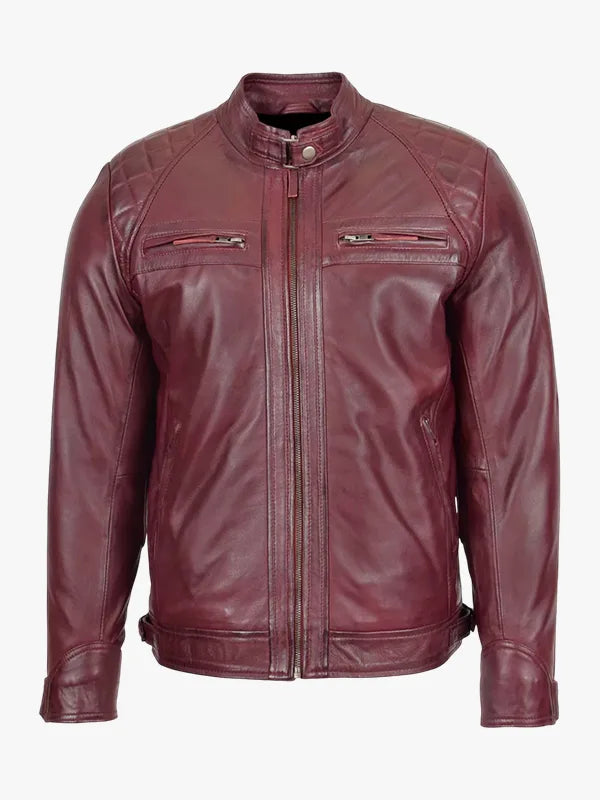 Stand Collar Real Lambskin Burgundy Leather Biker Jacket 
