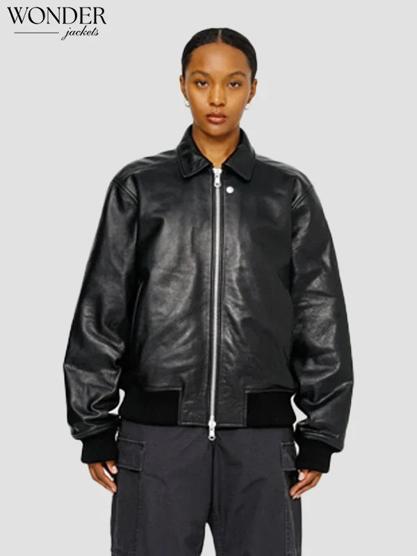 Stussy Black Leather Flight Jacket