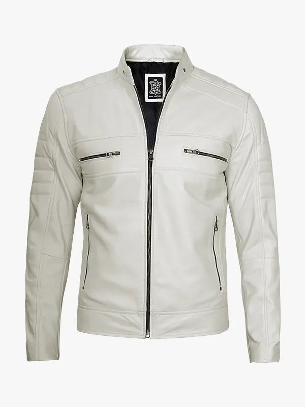 Stylish Off White Men’s Café Racer Leather Motorcycle Jacket
