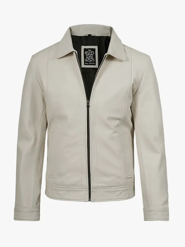 Stylish Off White Men’s Shirt Collar Leather Harrington Jacket