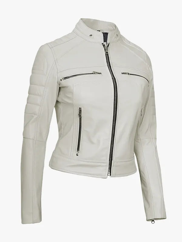 Stylish Women’s Off White Real Leather Motorcycle Jacket