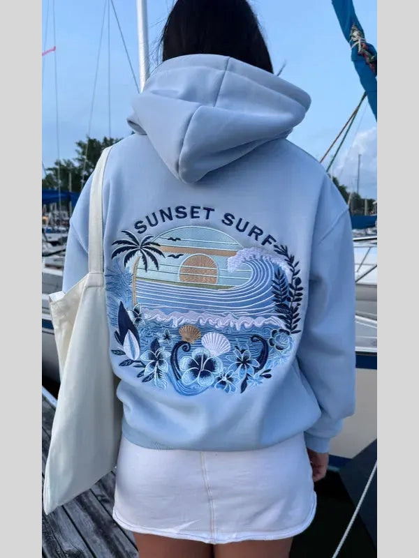Sunset Surf Blue Hibiscus Hoodie For Women