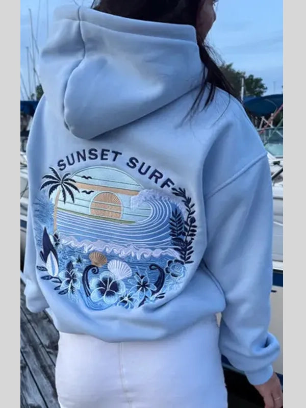 Sunset Surf Blue Hibiscus Hoodie Women