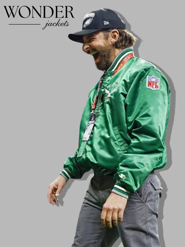 Super Bowl LIX Bradley Cooper Eagles Green Satin Varsity Jacket