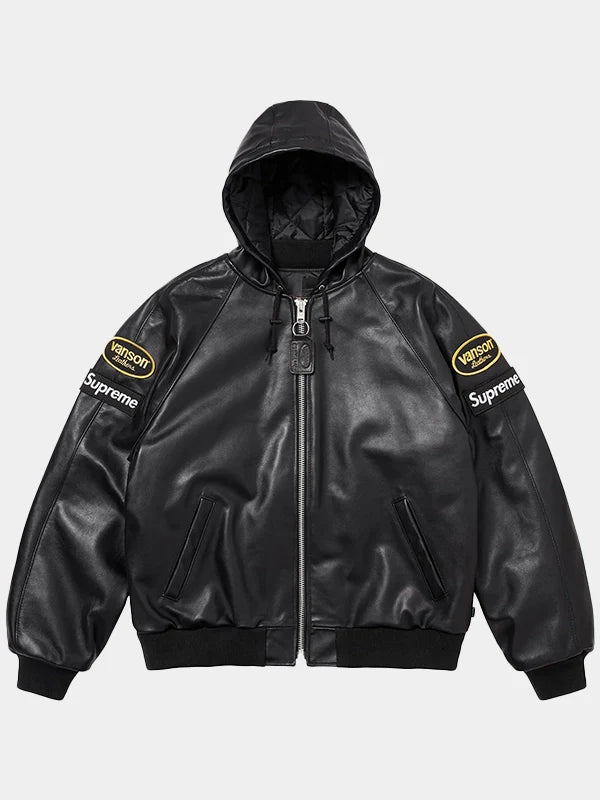 Supreme Vanson Leather Hooded Work Black Leather Jacket