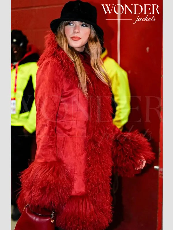 Taylor Swift Faux Fur Red Suede Coat