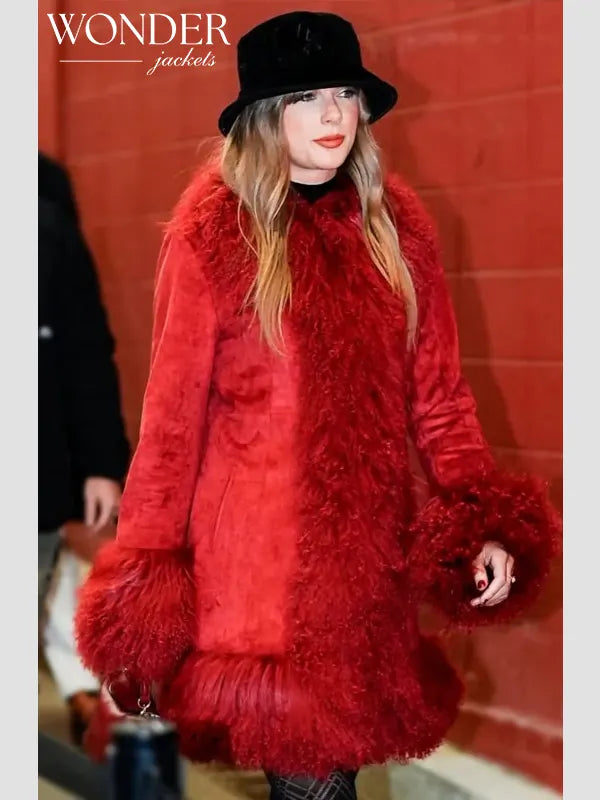 Taylor Swift Faux Fur Suede Coat Red