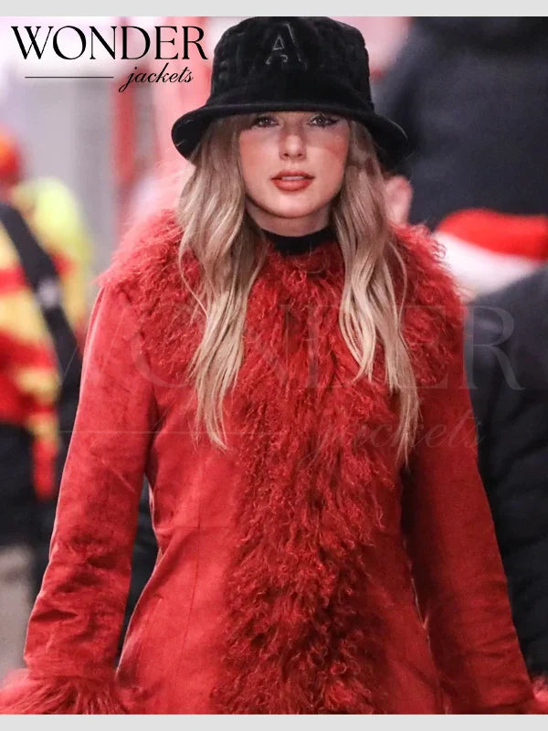 Taylor Swift Red Faux Fur Suede Coat