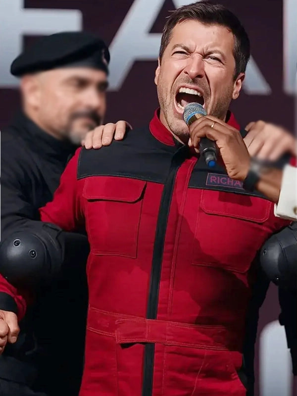 The Running Man 2025 Glen Powell Red Jacket