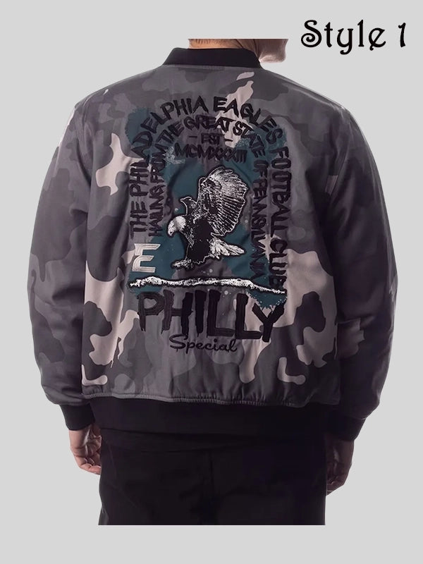 The Wild Collective Philadelphia Eagles Camo Bomber Jacket