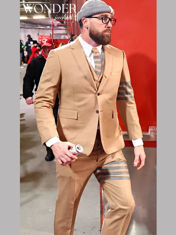 Travis Kelce Thom Browne Striped Suit