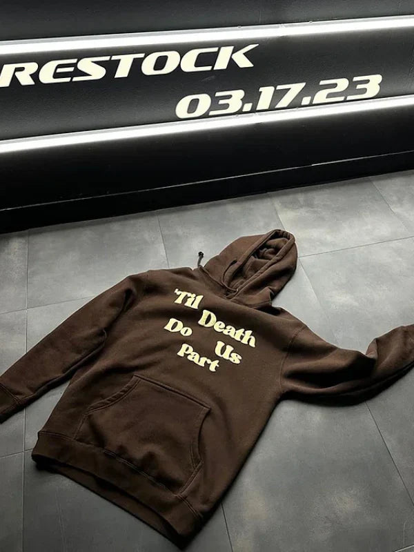 Till Death Puff Print Brown Hoodie