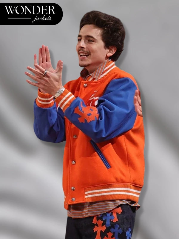 Timothee Chalamet Varsity Jacket Orange and Blue