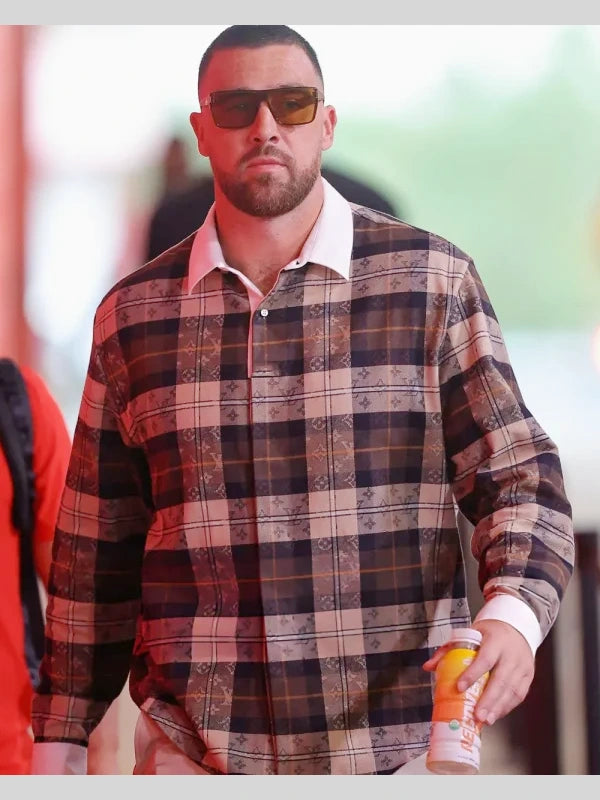 Travis Kelce Monogram Flannel Long Sleeved Polo Shirt