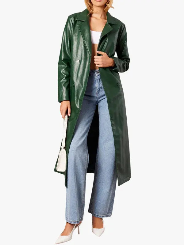 Trench Coat Long Sleeves Faux Leather Green