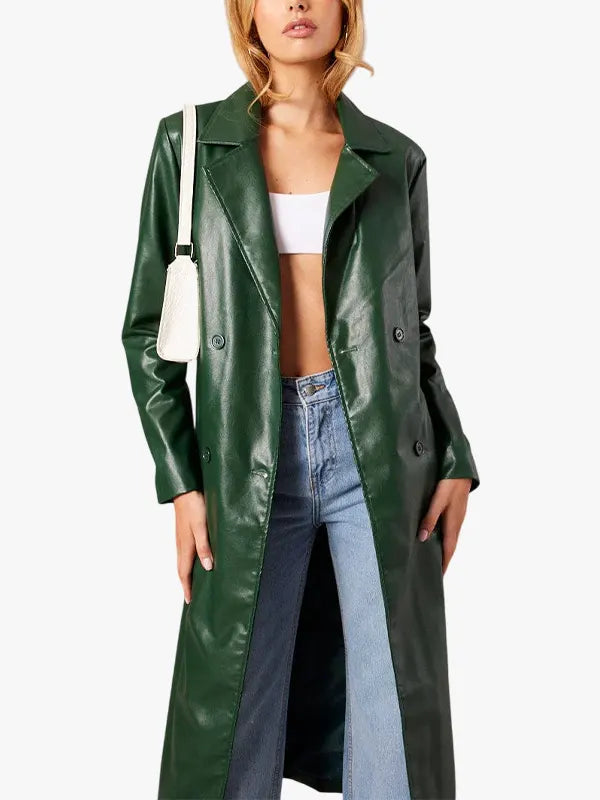 Trench Green Coat Long Sleeves Faux Leather