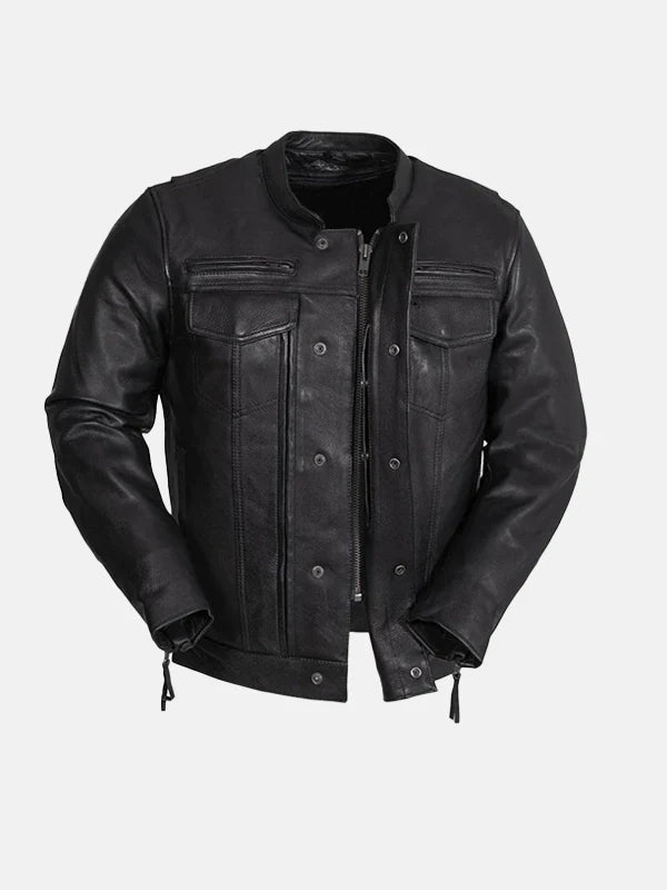 Utility Style Black Leather Biker Jacket Mens