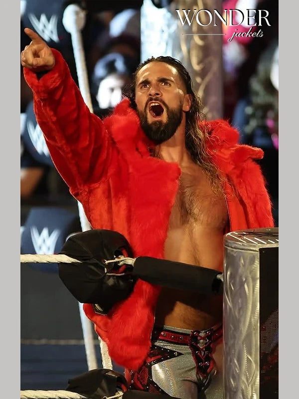 WWE Raw Seth Rollins Red Hooded Fur Jacket