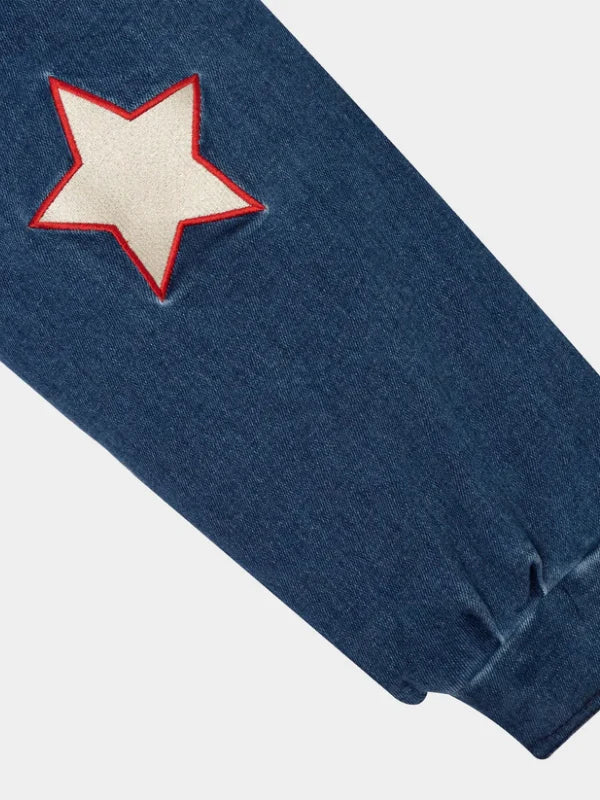 Wish Me Luck Blue Denim League Bomber Jacket