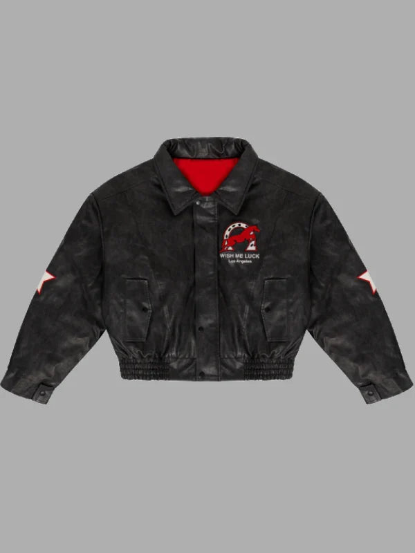 Wish Me Luck Cropped League Bomber Jacket Black