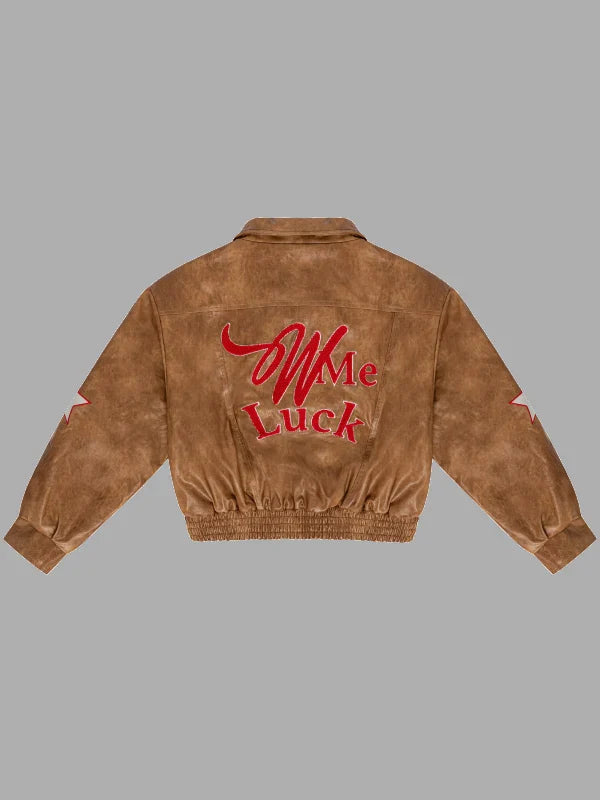 Wish Me Luck Cropped League Bomber Jacket Brown