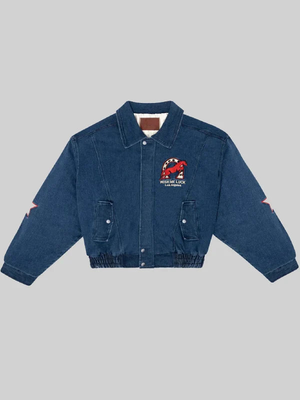 Wish Me Luck Denim League Bomber Jacket Blue