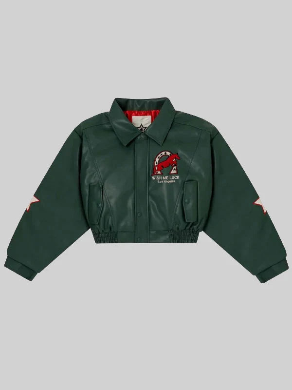 Wish Me Luck Green Cropped Leather Jacket