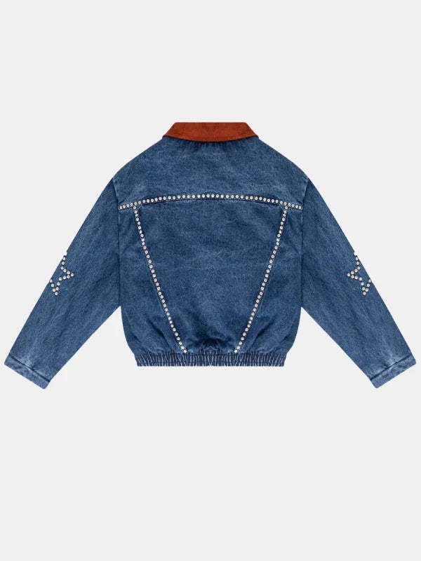 Wish Me Luck League Studded Denim Bomber Jacket Blue