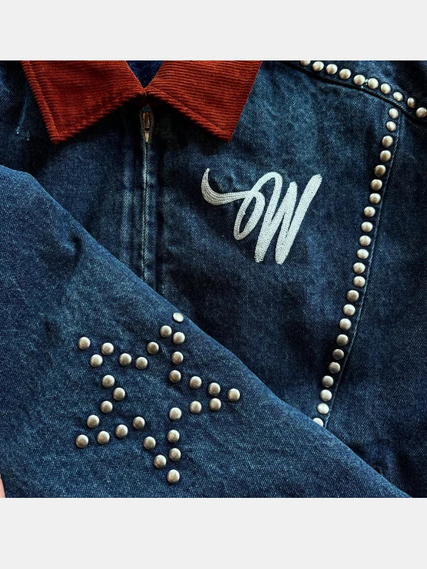 Wish Me Luck Studded Blue Denim Bomber Jacket