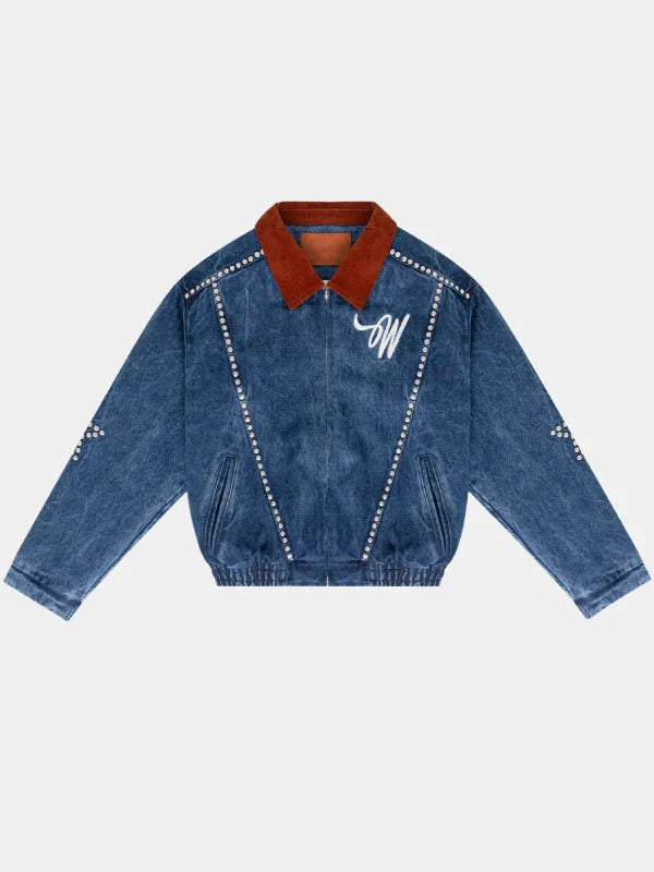 Wish Me Luck Studded Denim Bomber Jacket Blue