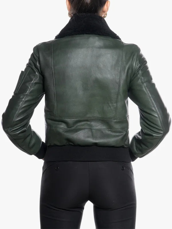 Women Green Sheepskin Collar Jacket Pilot