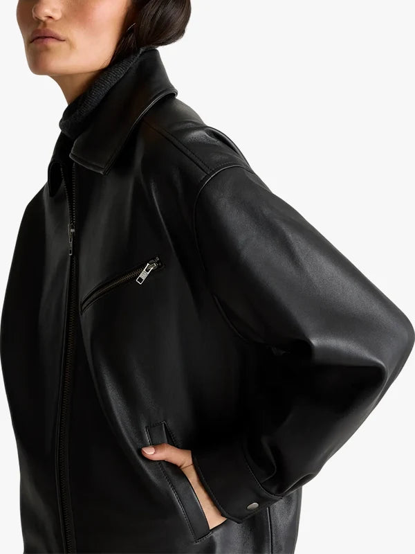 Women Quince 100% Black Leather Oversized Bomber Jacket

