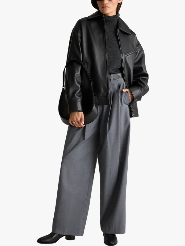 Women Quince 100% Black Leather Oversized Jacket 

