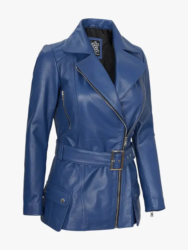 Women’s Asymmetrical Blue Belted Moto Leather Jacket With Shirt Style Collar
