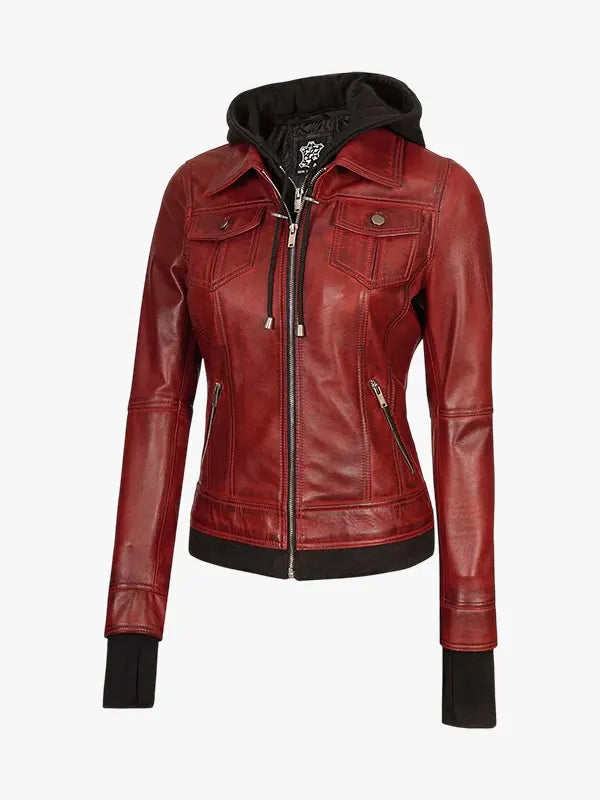 Women’s Burgundy Leather Jacket with a Removable Hood
