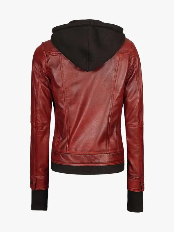 Women’s Maroon Leather Jacket with a Removable Hood