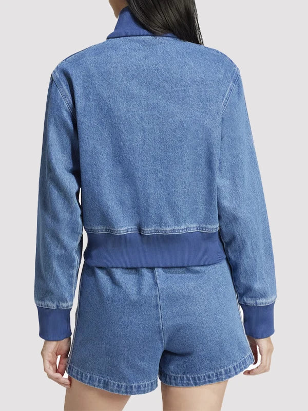 Womens Adidas Originals 3 Stripes Denim Cropped Blue Track Jacket