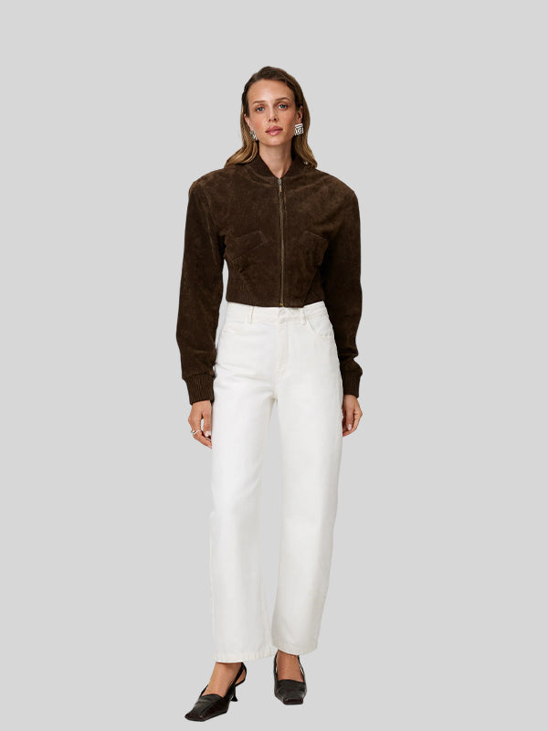 Womens Adoore Cropped Suede Bomber Jacket Brown