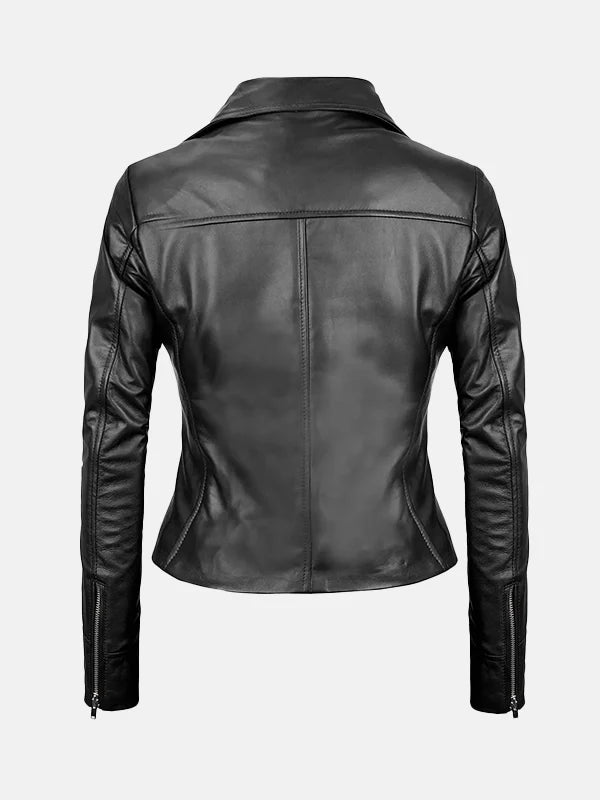 Womens Asymmetrical Black Leather Biker Jacket Back